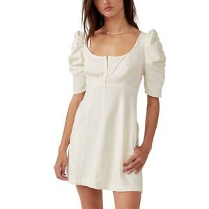 NWT Free People Cheyenne Puff Sleeve Denim Mini Dress in Ivory Size M